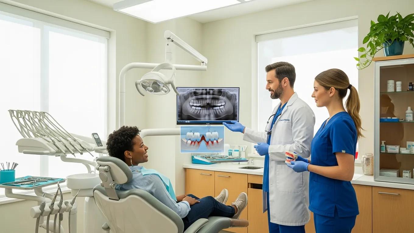 Smiling patient in dental chair discussing dental bridges with dentist and assistant in modern clinic, showcasing dental care consultation.