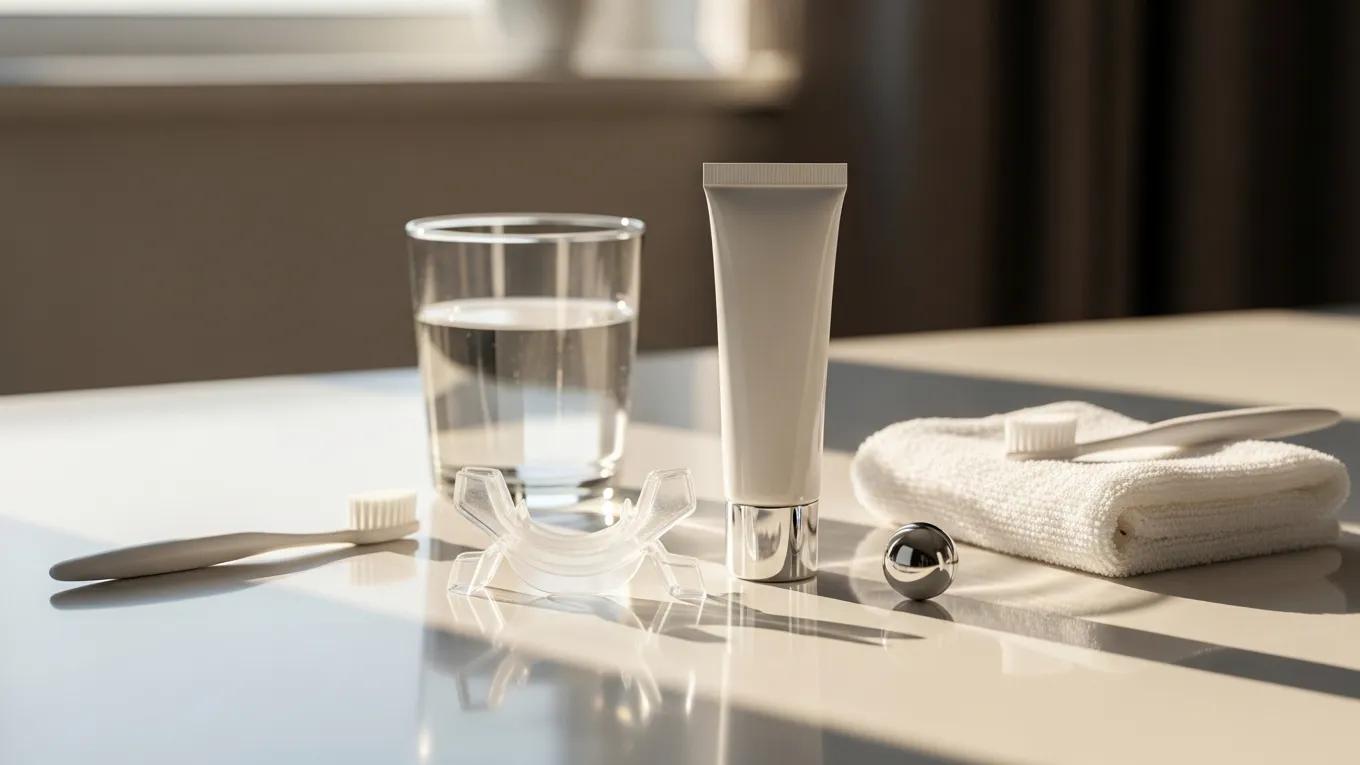 Take-home teeth whitening kit with trays and gel displayed on a countertop