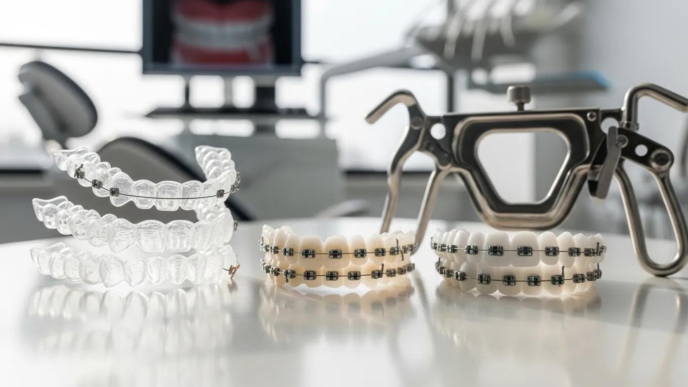 Variety of orthodontic treatment options for children displayed in a dental setting