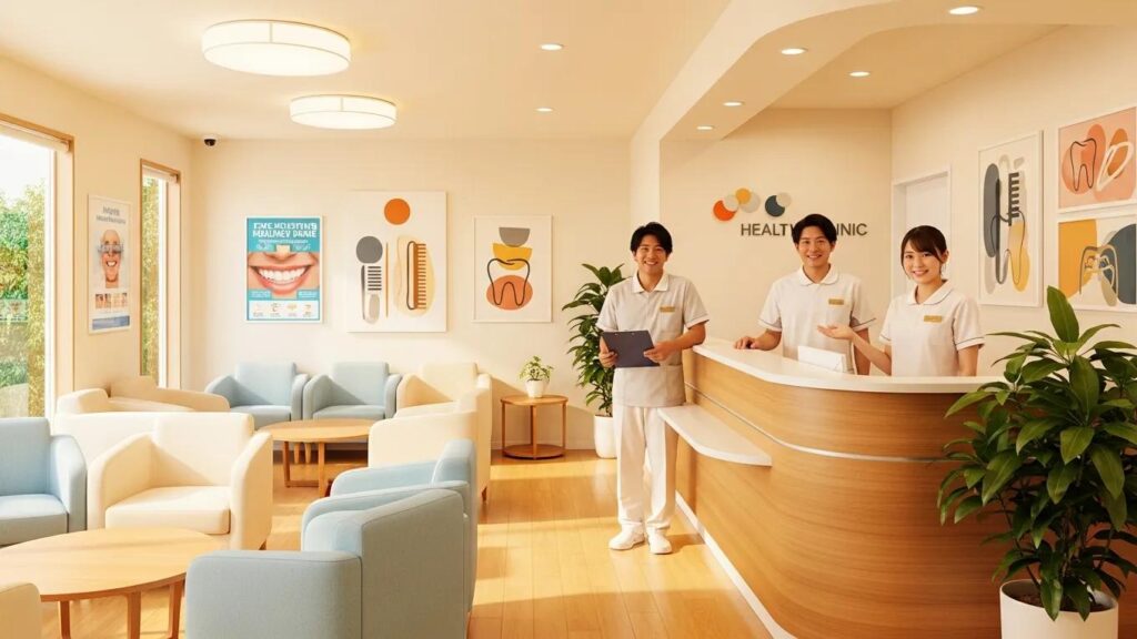 Welcoming dental clinic reception area with friendly staff and inviting atmosphere