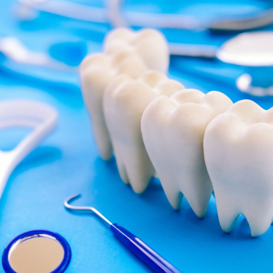 Dental tools and model teeth on a blue surface, representing dental care and services at Midwest Family Dental Care in Kokomo, IN.